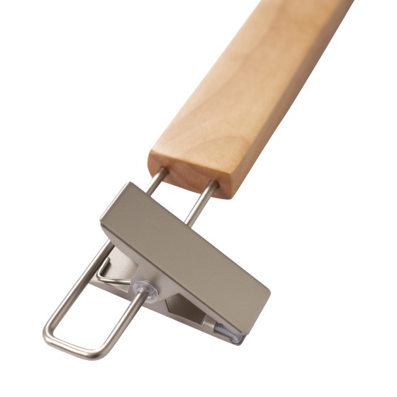 Cintre à pinces, bois de lotus, vernis transparant mat, 38 cm, crochet