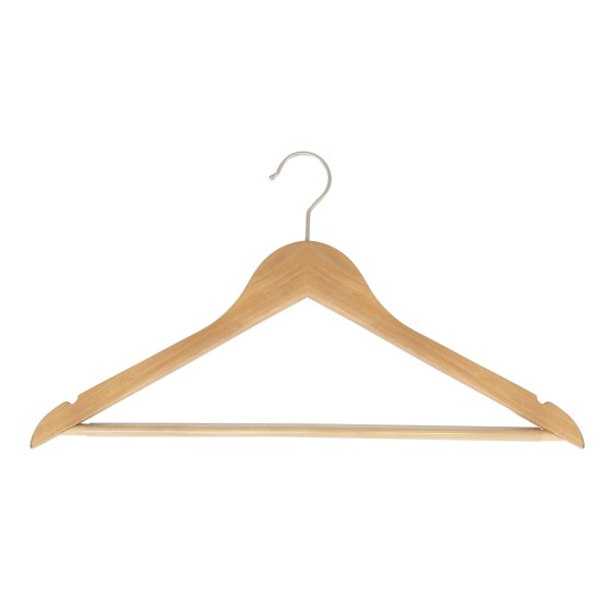 Cintre en bois avec encoches et barre antiglisse, 44 cm, crochet mat