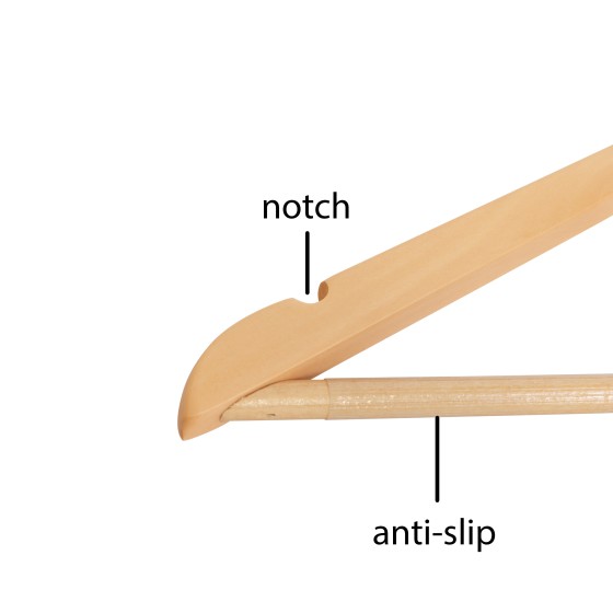Cintre en bois avec encoches et barre antiglisse, 44 cm, crochet mat