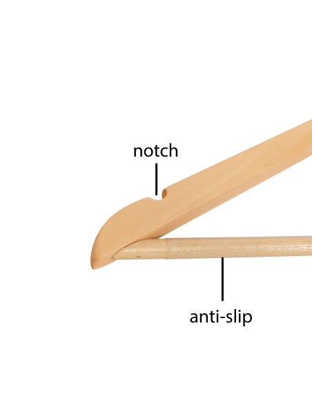 Cintre en bois avec encoches et barre antiglisse, 44 cm, crochet mat