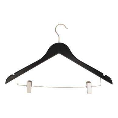 Cintre noir à pinces, avec encoches, 44 cm, bois de lotus, crochet mat