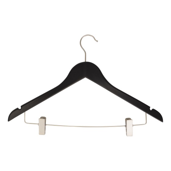 Cintre noir à pinces, avec encoches, 44 cm, bois de lotus, crochet mat