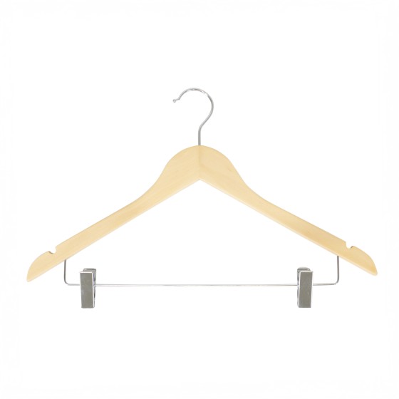 Cintre en bois à pinces, avec encoches, 44 cm, bois de lotus, crochet