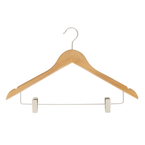 Cintre en bois à pinces, avec encoches, 44 cm, bois de lotus, crochet