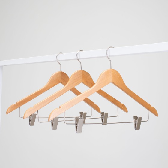 Cintre en bois à pinces, avec encoches, 44 cm, bois de lotus, crochet