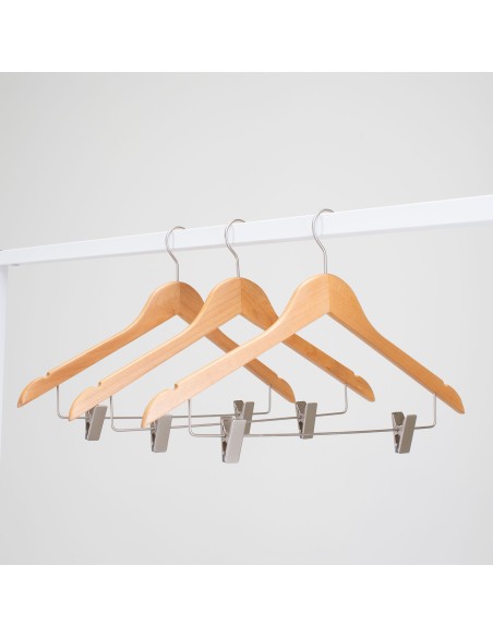 Cintre en bois à pinces, avec encoches, 44 cm, bois de lotus, crochet