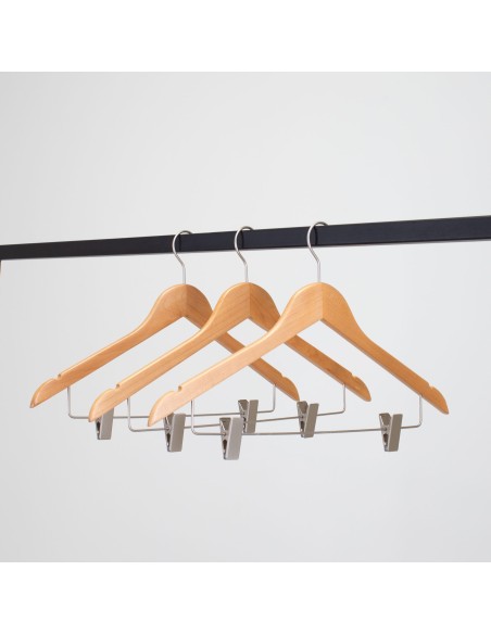 Cintre en bois à pinces, avec encoches, 44 cm, bois de lotus, crochet