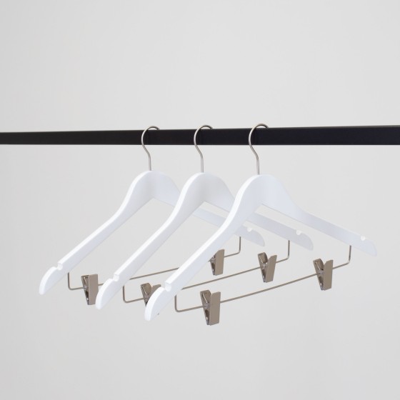 Cintre blanc à pinces, avec encoches, 44 cm, bois de lotus, crochet ma