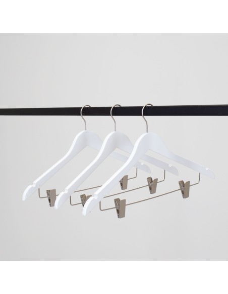 Cintre blanc à pinces, avec encoches, 44 cm, bois de lotus, crochet ma