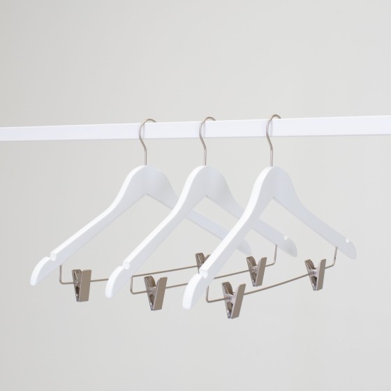 Cintre blanc à pinces, avec encoches, 44 cm, bois de lotus, crochet ma