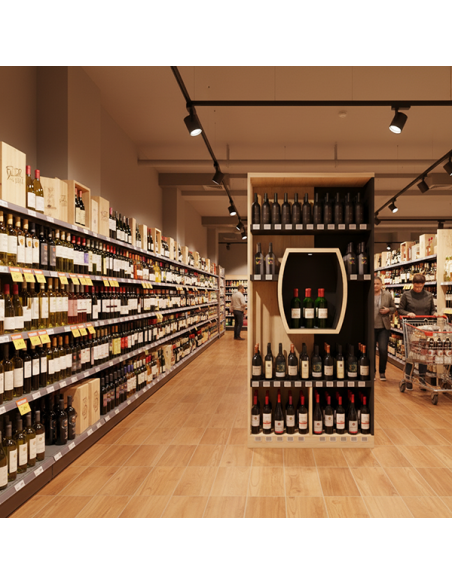 Tête de gondole cave bois & noir – Demi-tonneau rétro-éclairé