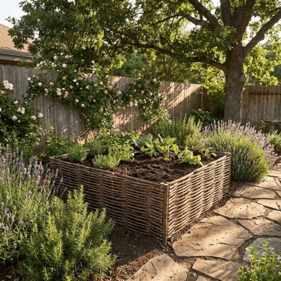 Carré de potager en noisetier tressé