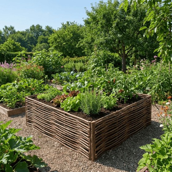 Carré de potager en noisetier tressé