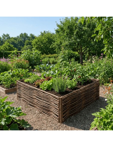 Carré de potager en noisetier tressé