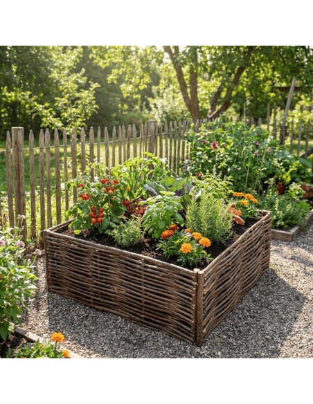 Carré de potager en noisetier tressé
