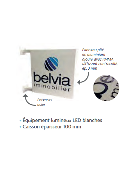 Enseigne drapeau lumineux faces ajourées et pmma contre-collé