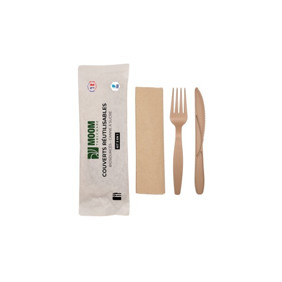 Kit couverts 4 en 1 fourchette couteau cuillère serviette Made in France