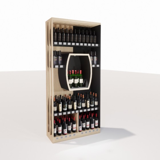 Tête de gondole cave bois & noir – Demi-tonneau rétro-éclairé