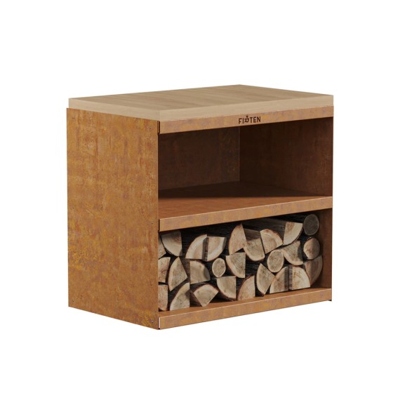 Desserte en acier corten et hêtre