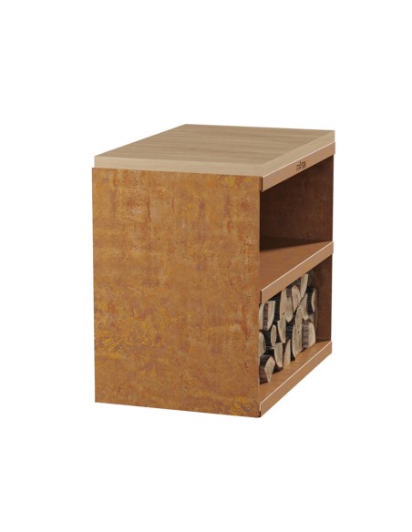 Desserte en acier corten et hêtre