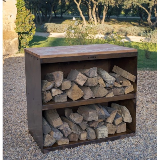 Desserte en acier corten et hêtre