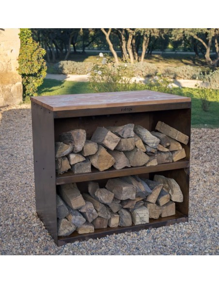 Desserte en acier corten et hêtre