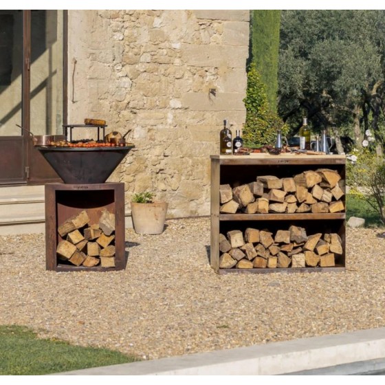 Desserte en acier corten et hêtre