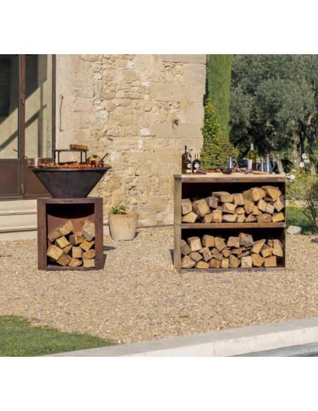 Desserte en acier corten et hêtre