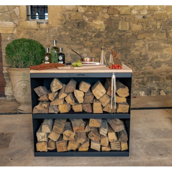 Desserte en acier corten et hêtre