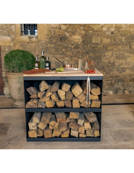 Desserte en acier corten et hêtre