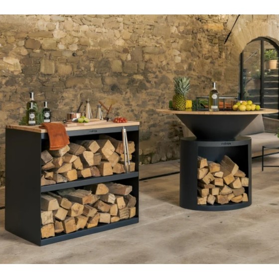 Desserte en acier corten et hêtre