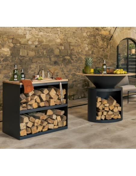 Desserte en acier corten et hêtre